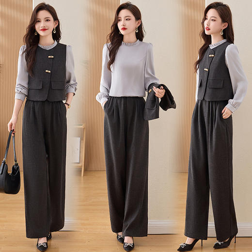 NIQIEM5528-1 2025新款套装女春秋洋气减龄显瘦穿搭一整套衬衫马甲半身裙三件套 商品图0