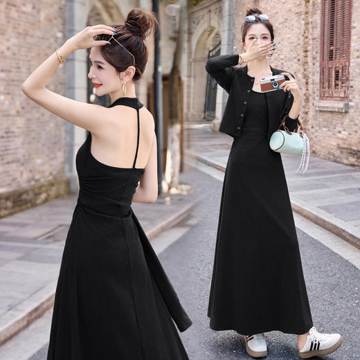 IUHQA8111高级感套装女2025秋新款韩系一整套穿搭气质针织吊带连衣裙两件套 商品图2