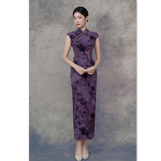 GX扎染植绒长款旗袍2025初秋新款复古国风弹力旗袍 商品图2