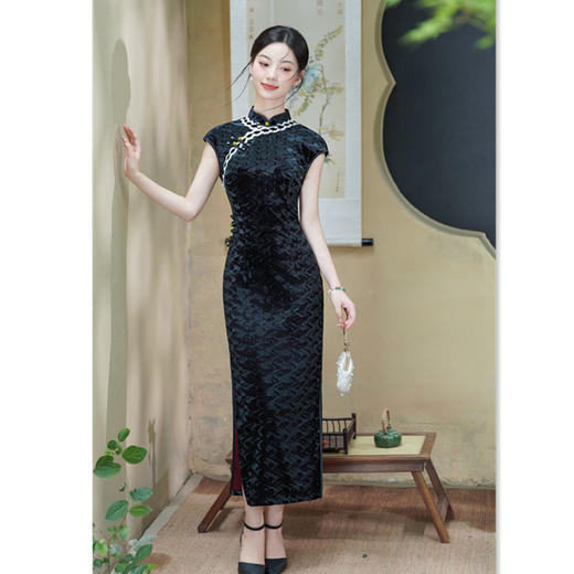 GX韩国绒无袖中式长款改良旗袍2025秋季新款女民国风复古修身旗袍裙 商品图3