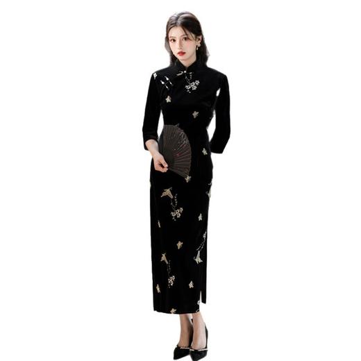 GX复古中国风长款丝绒绣花七分袖旗袍2025初秋新款高级感日常旗袍裙 商品图4