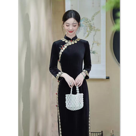 GX老上海黑丝绒花边高级感旗袍2025秋季新款复古中国风大码旗 商品图2