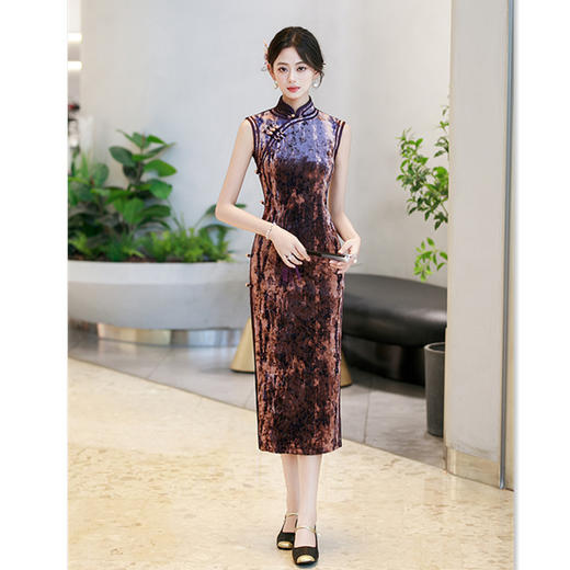 GX复古国风改良新中式长款港风旗袍2025初秋款修身显瘦丝绒无袖旗袍 商品图3