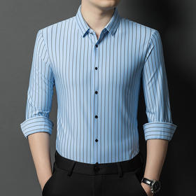 高档轻奢男装长袖衬衫 春季新款翻领条纹锦氨衬衣中年商务休闲上衣
