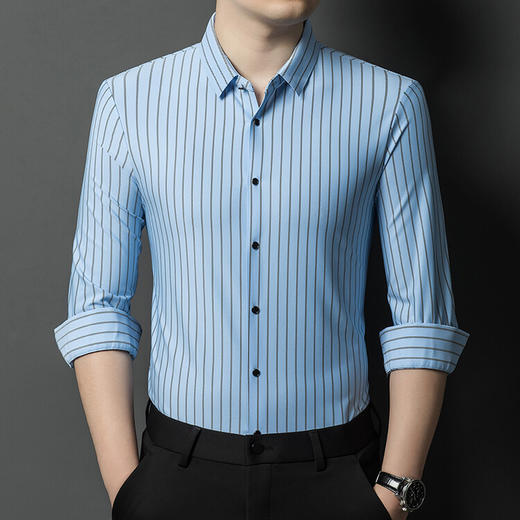 高档轻奢男装长袖衬衫 春季新款翻领条纹锦氨衬衣中年商务休闲上衣 商品图0