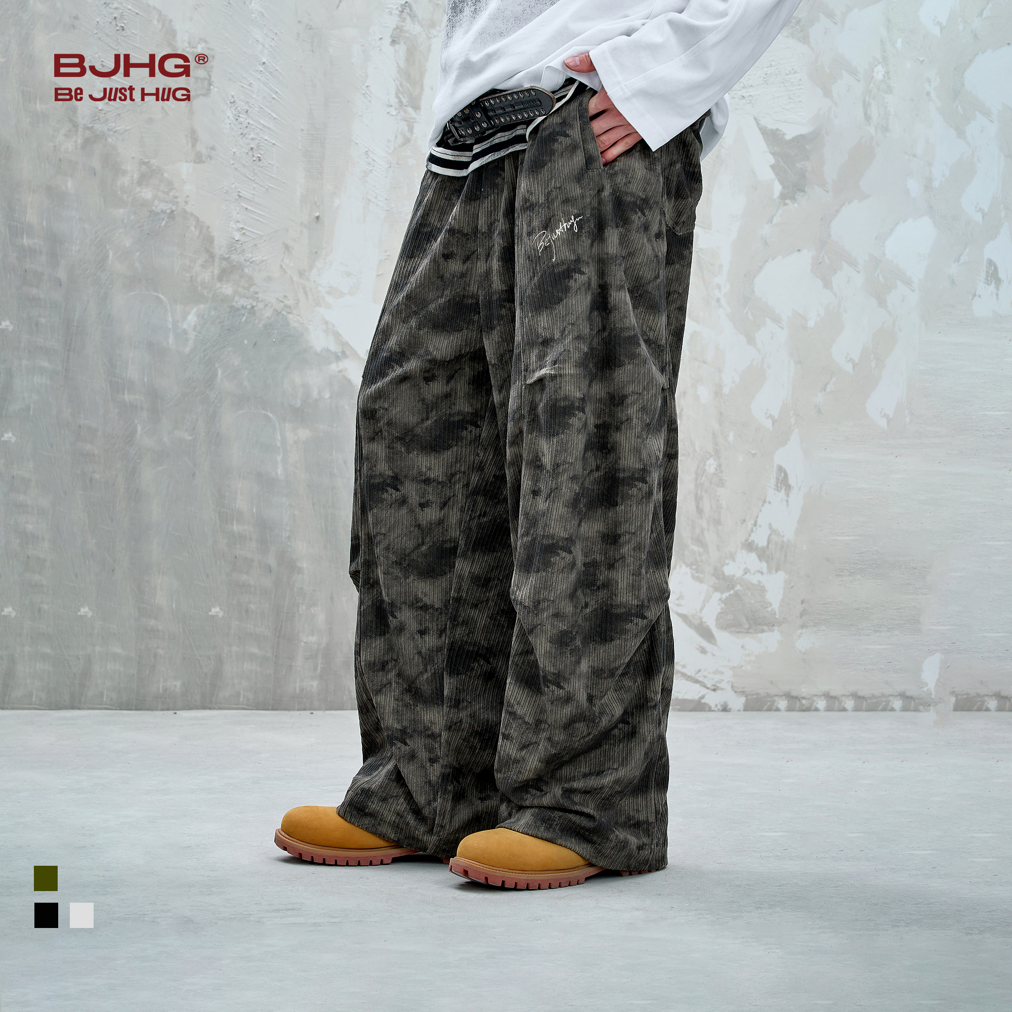 BJHG不计后果灯芯绒运动休闲裤男款秋季美式复古扎染宽松阔腿裤子