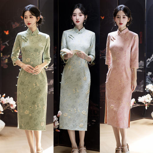 GX麂皮绒单层印花中长款中袖旗袍2025秋冬新款复古国风年轻女士旗袍 商品图0