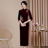 HYX新款修身改良版丝绒旗袍女喜结婚婆婆喜妈妈敬酒服长款中袖 商品缩略图0