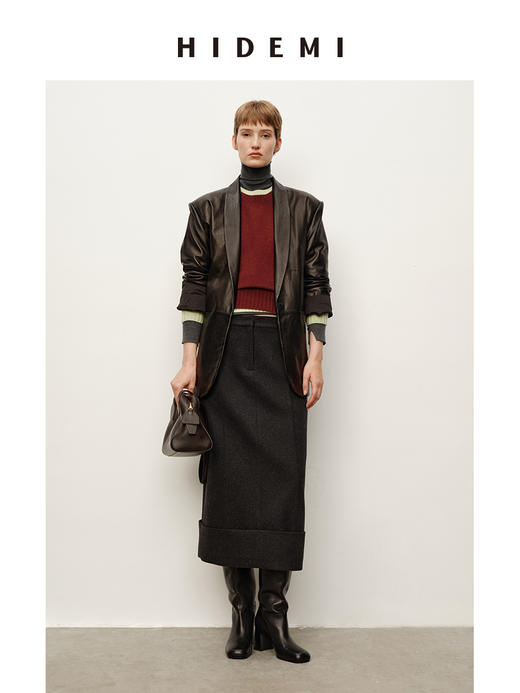 HIDEMI 进口羊毛厚款毛呢半裙立裁立体压褶折纸翻边设计感长裙 商品图3