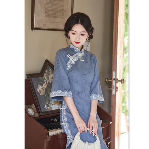 GX麂皮绒倒大袖旗袍2025秋冬新款时尚改良新中式年轻女士日常旗袍裙 商品图3