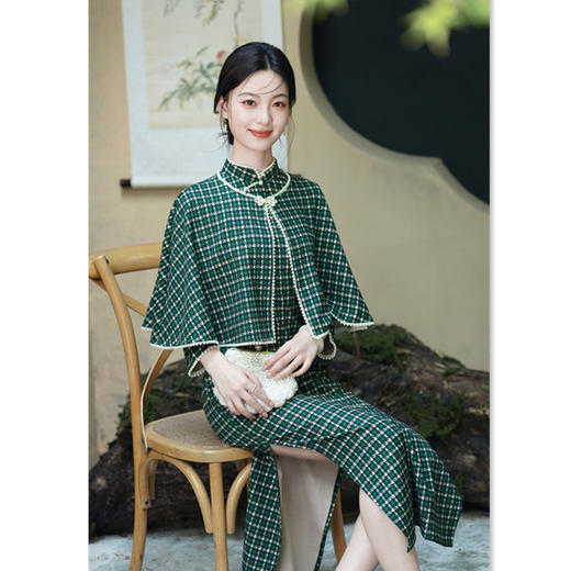 GX格子披肩旗袍两件套2025秋季新款复古国风时尚洋气女士套装 商品图3