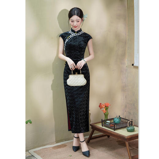 GX韩国绒无袖中式长款改良旗袍2025秋季新款女民国风复古修身旗袍裙 商品图2