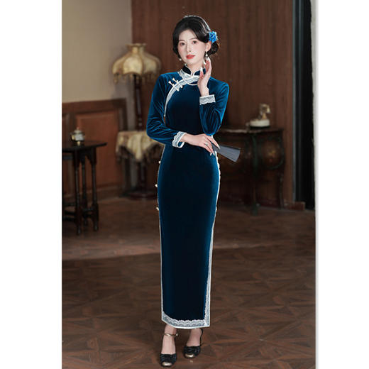 GX老上海复古中国风丝绒花边长款长袖旗袍2025秋新款旗袍 商品图2