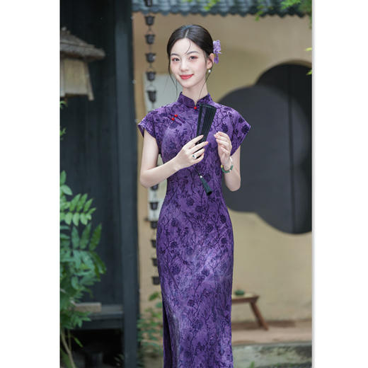 GX新中式紫色复古旗袍2025初秋新款女气质显瘦国风日常可穿连袖旗袍 商品图0