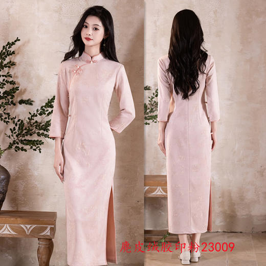 GX麂皮绒长款七分袖旗袍2025秋季新款复古国风年轻少女款日常旗袍裙 商品图1