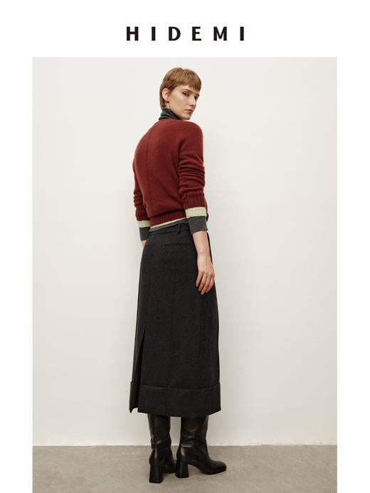 HIDEMI 进口羊毛厚款毛呢半裙立裁立体压褶折纸翻边设计感长裙 商品图4