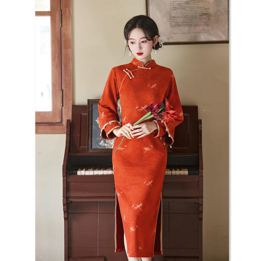 GX时尚改良新中式麂皮绒单层双袖旗袍2025秋冬新款年轻女士日常旗袍 商品图0