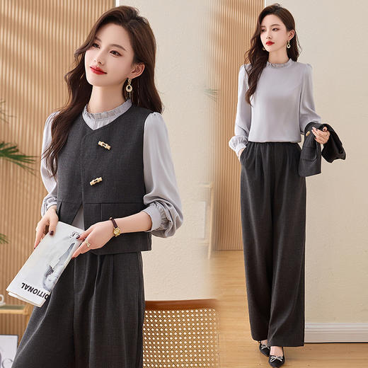 NIQIEM5528-1 2025新款套装女春秋洋气减龄显瘦穿搭一整套衬衫马甲半身裙三件套 商品图2