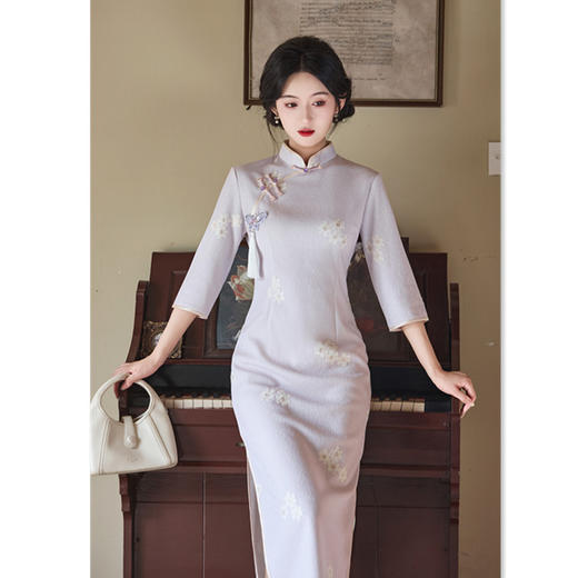 GX紫色旗袍2025秋冬新款新中式国风年轻款气质日常复合蕾丝中袖旗袍 商品图3