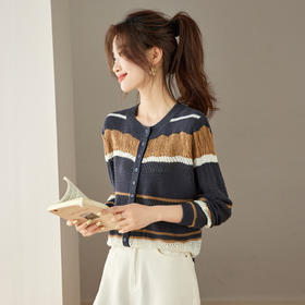 CC27-25113款针织衫条纹镂空减龄拼接开衫外搭高级感配裙子早秋新