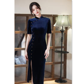 GX2025初秋新款修身优雅长款丝绒旗袍立领短袖国风新中式日常旗袍裙