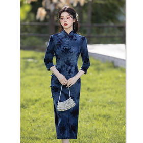 GX弹力植绒扎染长款七分袖旗袍2025秋季新款复古国风大码旗袍