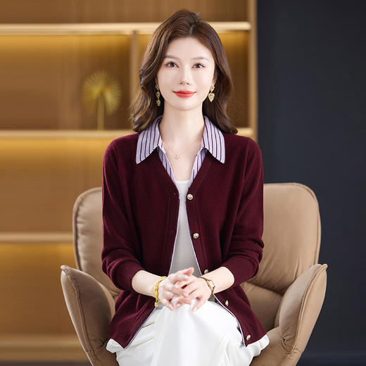 fgtt256789假两件100%纯羊毛针织开衫女春秋新款宽松显瘦妈妈装翻领毛衣外套 商品图0