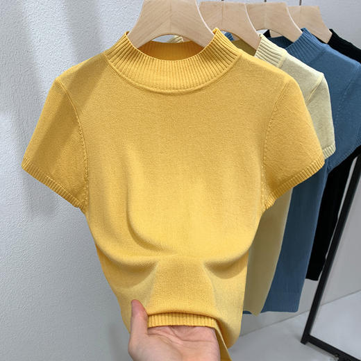 I5Q2601-WJX针织打底衫女短袖2025新款欧货女装气质高领套头毛衣显瘦内搭上衣 商品图1