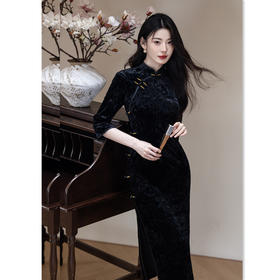 GX复古中国风丝绒烧花长款中袖旗袍2025初秋新款年轻款修身显瘦旗袍