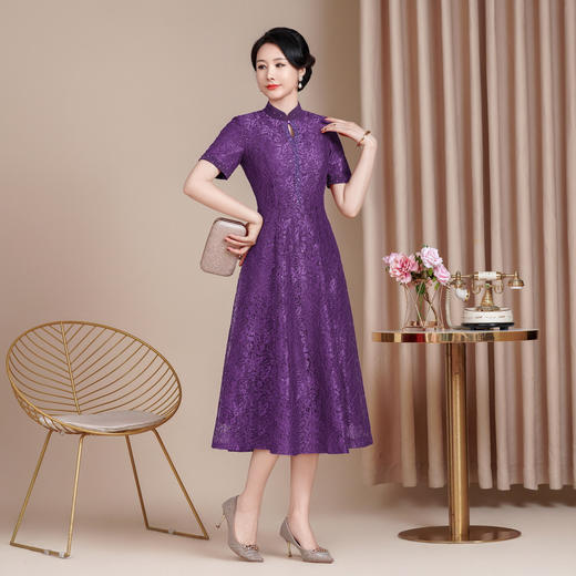 HYX新款高级感女旗袍连衣裙婚礼国潮婚宴装气质短袖大摆 商品图1