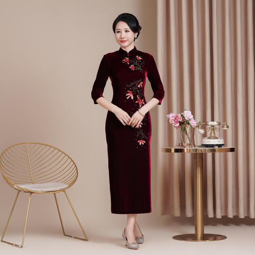 HYX秋冬新款修身丝绒旗袍女高级感喜婆婆喜妈妈敬酒服长款 商品图1