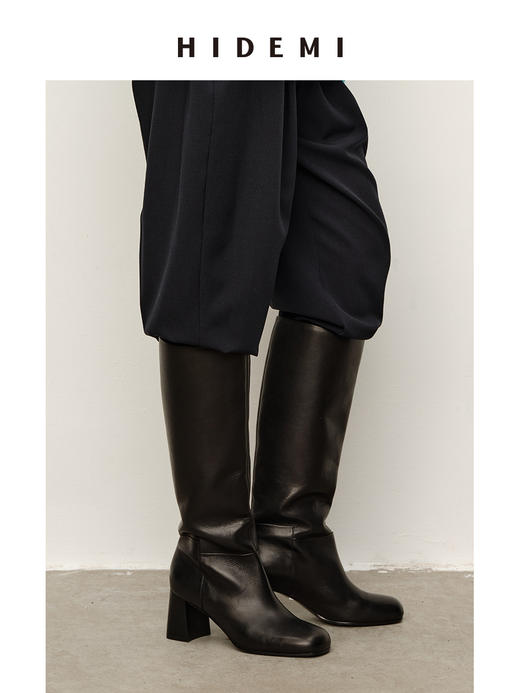HIDEMI 进口意大利头层牛皮方圆头粗5cm中跟靴骑士靴高筒长靴 商品图9