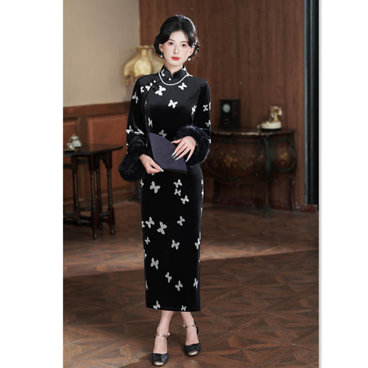 GX蝴蝶花丝绒长袖旗袍女装2025秋冬新款复古国风日常旗袍 商品图0