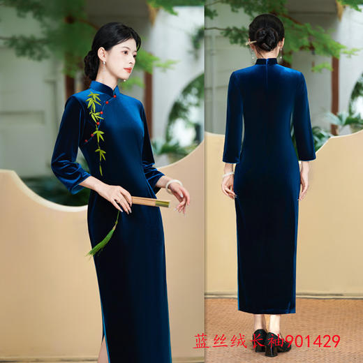 GX黑丝绒长款贴花长袖旗袍2025秋冬新款复古国风日常旗袍 商品图2