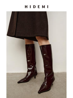 HIDEMI 进口做旧牛漆皮尖头设计感小猫跟长靴手工宽筒骑士靴