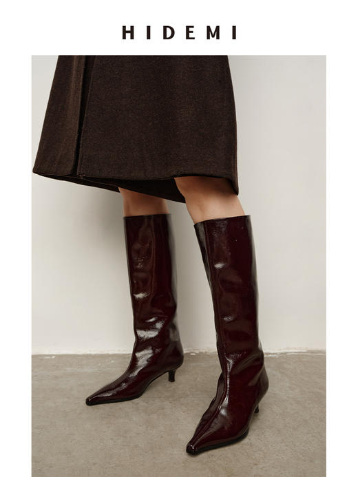 HIDEMI 进口做旧牛漆皮尖头设计感小猫跟长靴手工宽筒骑士靴 商品图0