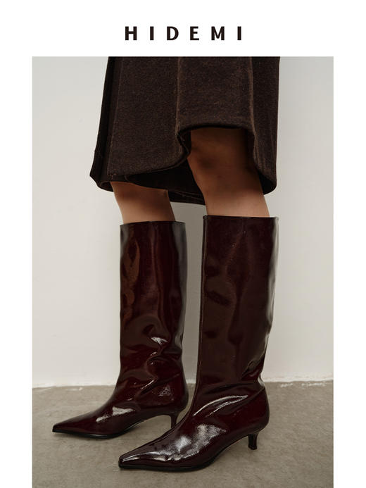 HIDEMI 进口做旧牛漆皮尖头设计感小猫跟长靴手工宽筒骑士靴 商品图4