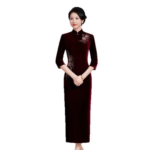 HYX新款修身改良版丝绒旗袍女喜结婚婆婆喜妈妈敬酒服长款中袖 商品图4
