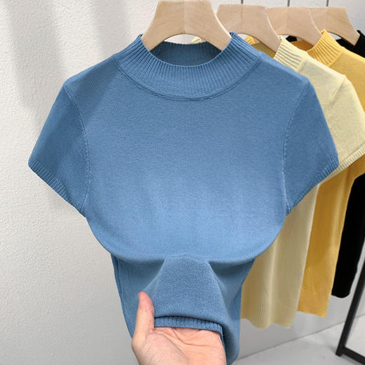 I5Q2601-WJX针织打底衫女短袖2025新款欧货女装气质高领套头毛衣显瘦内搭上衣 商品图2