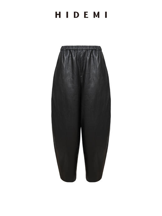 HIDEMI 可再生蛋白皮复古做旧感茧型皮裤羊腿裤松紧腰宽松长裤女 商品图12