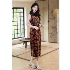 GX港风中式钻石绒长款无袖旗袍2025初秋新款复古国风年轻款修身旗袍