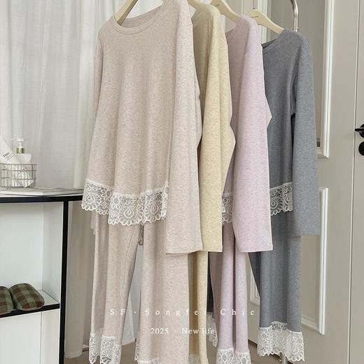 【莱赛尔蕾丝圆领磨毛睡衣】套装秋冬新款莱赛尔宽松柔软家居服二件套女 商品图3