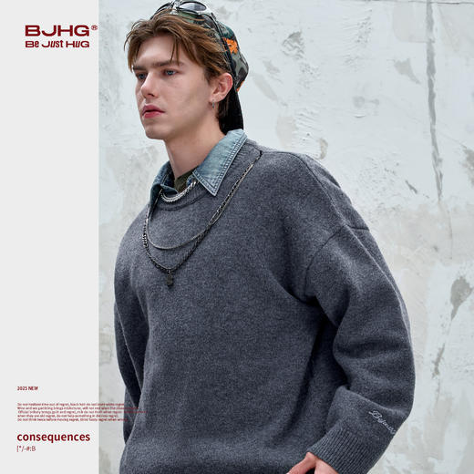 BJHG不计后果重磅纱线毛衣男秋季2025新款美式慵懒百搭圆领针织衫 商品图2