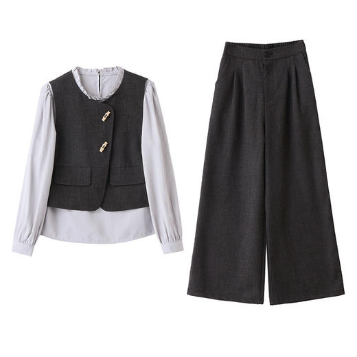 NIQIEM5528-1 2025新款套装女春秋洋气减龄显瘦穿搭一整套衬衫马甲半身裙三件套 商品图4