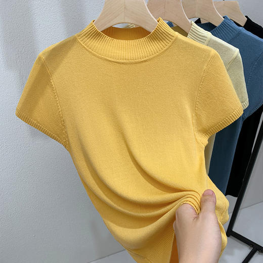I5Q2601-WJX针织打底衫女短袖2025新款欧货女装气质高领套头毛衣显瘦内搭上衣 商品图3