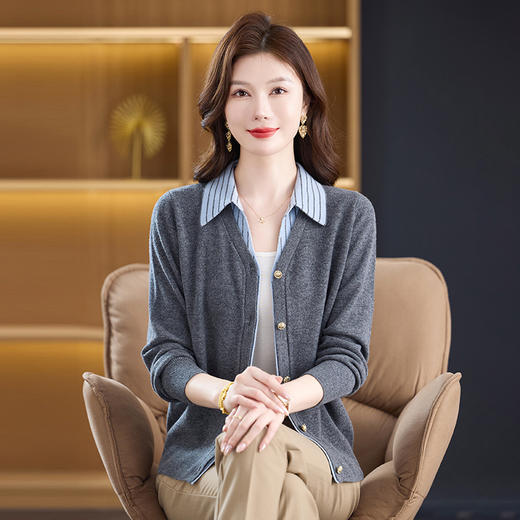 fgtt256789假两件100%纯羊毛针织开衫女春秋新款宽松显瘦妈妈装翻领毛衣外套 商品图1