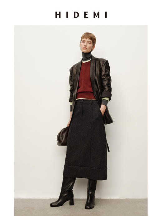 HIDEMI 进口羊毛厚款毛呢半裙立裁立体压褶折纸翻边设计感长裙 商品图5
