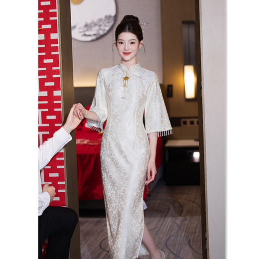 GX复合蕾丝长款倒大袖单层旗袍2025秋季新款改良新中式日常可穿旗袍 商品图0