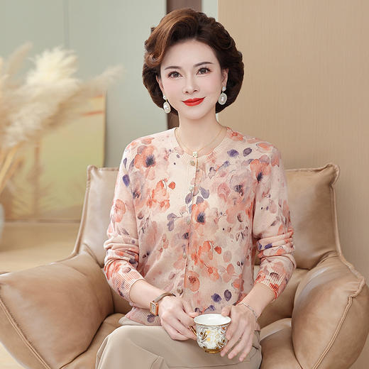 CCps6867装100%纯羊毛衫开衫女圆领春秋冬新款中老年人女士毛衣针织衫 商品图0