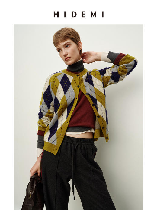 HIDEMI 进口美利奴羊毛原创复古手绘图案长袖针织中厚款开衫毛衣女 商品图3